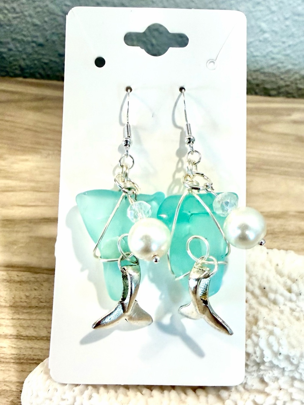 54. Aqua Sea Glass Pearl Dangle Earrings - Women Jewelry